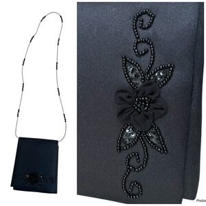 Jessica McClintock Vintage Black Satin Beaded Floral Formal Evening Bag
